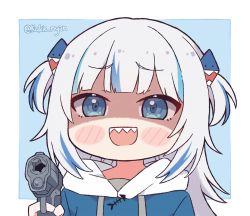 Rule 34 | 1girl, :d, aiming, aiming at viewer, artist name, blue eyes, blue hair, blue hoodie, blunt bangs, blush stickers, chibi, commentary, english commentary, female focus, gawr gura, gawr gura (1st costume), gun, hair ornament, handgun, holding, holding gun, holding weapon, hololive, hololive english, holomyth, hood, hood down, hoodie, kukie-nyan, long hair, looking at viewer, meme, multicolored hair, open mouth, pistol, shaded face, shark hair ornament, sharp teeth, silver hair, simple background, smile, solo, streaked hair, tareme, teeth, twitter username, two side up, virtual youtuber, watermark, weapon