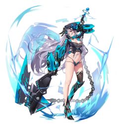 Rule 34 | 1girl, arm up, axe, battle axe, bikini, bikini bottom only, black bikini, black hat, black jacket, black thighhighs, breasts, chain, cleavage, crop top, cropped jacket, full body, grey hair, grey shirt, hair between eyes, hat, high collar, highres, holding, holding axe, huge weapon, jacket, large breasts, long hair, looking at viewer, mechanical arms, military hat, multi-strapped bikini, navel, no pants, open clothes, open jacket, original, peaked cap, pink eyes, shirt, simple background, single thighhigh, skindentation, solo, standing, stomach, string bikini, swimsuit, thighhighs, thighs, very long hair, weapon, white background, you ni ge shaobing