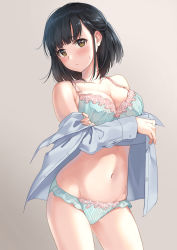 Rule 34 | 1girl, absurdres, bare shoulders, black hair, bra, breasts, cleavage, collarbone, cowboy shot, frilled bra, frilled panties, frills, frown, grey background, grey shirt, groin, highres, large breasts, looking at viewer, navel, no pants, off shoulder, open clothes, open shirt, original, panties, shirt, short hair, simple background, solo, stomach, sweat, thighs, unasaka ryou, underwear, yellow eyes