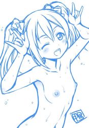 Rule 34 | 10s, 1girl, ;d, \m/, blue theme, blush, bow, collarbone, completely nude, double \m/, flat chest, hair bow, kamogawa tanuki, love live!, love live! school idol project, monochrome, navel, nico nico nii, nipples, nude, one eye closed, open mouth, signature, sketch, smile, solo, sweat, twintails, upper body, yazawa nico