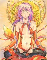 Rule 34 | 10s, 1girl, bare shoulders, black thighhighs, bp, breasts, center opening, cleavage, detached sleeves, elbow gloves, closed eyes, fingerless gloves, gloves, guilty crown, hair ornament, hairclip, indian style, long hair, meditation, mudra, navel, pink hair, sitting, small breasts, solo, thighhighs, twintails, vitarka mudra, yuzuriha inori