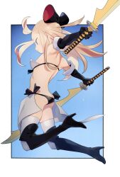 Rule 34 | 1girl, absurdres, ahoge, armor, ass, bikini, bikini armor, blonde hair, boots, bow, bravely default: flying fairy, bravely default (series), breasts, butt crack, dual wielding, edea lee, elbow gloves, full body, gloves, hair bow, highres, holding, holding sword, holding weapon, long hair, lowleg, lowleg bikini, small breasts, solo, swimsuit, sword, thigh boots, thighhighs, urayamashiro (artist), weapon