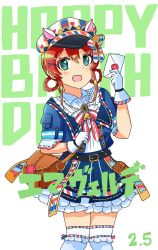 Rule 34 | 1girl, alternate hairstyle, animal hat, aqua eyes, artist name, artist request, bag, blue eyes, blue hat, blue jacket, blue skirt, blush, bow, bowtie, bracelet, braid, breasts, brown hair, buttons, collared shirt, cropped jacket, delivering comfort - emma mail (love live!), dress, dress shirt, emma mail (love live!), emma verde, female focus, freckles, frilled legwear, frilled skirt, frilled sleeves, frills, gloves, hair between eyes, hair ornament, hair rings, hair tie, handbag, hat, hat bow, heart, heart (symbol), heart print, highres, holding, holding letter, jacket, jewelry, leg ribbon, letter, long hair, looking at viewer, love live!, love live! nijigasaki high school idol club, love live! school idol festival, love live! school idol festival all stars, mailbag, miniskirt, neck bell, neck ribbon, parted lips, peaked cap, plaid, plaid skirt, pleated, pleated skirt, red bow, red hair, ribbon, shirt, short sleeves, shoulder bag, skirt, small breasts, smile, solo, striped bow, striped clothes, striped headwear, striped ribbon, twin braids, twintails, white background, white gloves, white legwear, white shirt, x hair ornament