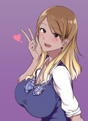 Rule 34 | 1girl, aki (aoirowings), black eyes, blonde hair, blue bow, blue vest, blush, bow, breasts, brown hair, cardigan vest, cleavage, collared shirt, dark-skinned female, dark skin, dress shirt, ear piercing, eyes visible through hair, gradient hair, gyaru, heart, highres, idolmaster, idolmaster shiny colors, izumi mei, large breasts, long hair, long sleeves, looking at viewer, multicolored hair, open mouth, piercing, plaid, plaid bow, purple background, school uniform, shirt, sleeves rolled up, smile, solo, upper body, v, vest, white shirt