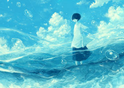 Rule 34 | 1boy, androgynous, barefoot, blue hair, blue sky, blue theme, bubble, cloud, commentary, day, hosiiro, looking at viewer, male focus, monochrome, ocean, original, outdoors, pants, partially submerged, shirt, short hair, short sleeves, sky, solo, standing, t-shirt, wading, water, waves, white shirt, wind