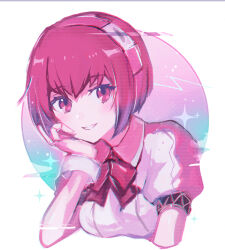 Rule 34 | 1girl, dorothy haze, grin, hand on own chin, head rest, headband, joints, looking at viewer, miichinori, portrait, puffy short sleeves, puffy sleeves, red eyes, red hair, robot joints, short hair, short sleeves, smile, solo, va-11 hall-a, white background