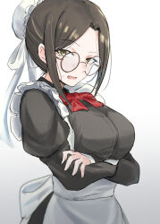 Rule 34 | 1girl, alternate costume, apron, bespectacled, black dress, blush, bow, bowtie, breasts, brown hair, bun cover, crossed arms, dress, enmaided, fang, forehead, glasses, hair bun, highres, idolmaster, idolmaster cinderella girls, large breasts, looking at viewer, maid, mukai takumi, official alternate costume, parted bangs, red bow, red bowtie, simple background, single hair bun, solo, sweatdrop, unu (unucence), white apron, white background