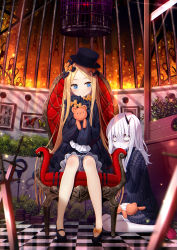 Rule 34 | 2girls, abigail williams (fate), birdcage, black bow, black dress, black footwear, black headwear, blonde hair, bloomers, blue eyes, blush, bow, bug, butterfly, cage, chair, checkered floor, closed mouth, commentary request, dress, fate (series), full body, glowing, glowing eyes, guillotine, hair between eyes, hair bow, hat, highres, horns, insect, key, lavinia whateley (fate), long hair, long sleeves, multiple girls, hugging object, orange bow, parted bangs, polka dot, polka dot bow, red footwear, single horn, sitting, sleeves past fingers, sleeves past wrists, smile, stuffed animal, stuffed toy, sword, teddy bear, underwear, very long hair, wariza, weapon, white bloomers, white hair, yano mitsuki (nanairo)