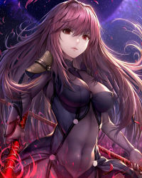 Rule 34 | 1girl, armor, bodysuit, breasts, covered erect nipples, covered navel, dual wielding, fate/grand order, fate (series), gae bolg (fate), hisahisahisahisa, holding, lips, long hair, md5 mismatch, medium breasts, pauldrons, polearm, purple bodysuit, red eyes, red hair, resolution mismatch, scathach (fate), shoulder armor, solo, source larger, spear, weapon
