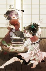 Rule 34 | 2girls, alternate hairstyle, apron, arm up, ayame (no ohana), barefoot, black hair, chopsticks, clenched teeth, cone horns, cup, food, glowing, glowing eyes, head scarf, highres, holding, horns, indoors, japanese clothes, kijin seija, kimono, ladle, multicolored hair, multiple girls, open mouth, pot, puffy short sleeves, puffy sleeves, purple eyes, purple hair, red eyes, red hair, red kimono, salad, shirt, short hair, short sleeves, skirt, streaked hair, sukuna shinmyoumaru, teeth, touhou, white shirt, wide sleeves, wooden floor