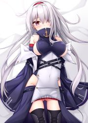 Rule 34 | 1girl, anchor, azur lane, bare shoulders, bed sheet, black thighhighs, blue dress, blue sleeves, blush, boots, breasts, colorado (azur lane), commentary request, covered mouth, covered navel, cross-laced clothes, cross-laced footwear, detached sleeves, dress, fingernails, gluteal fold, groin, hair over one eye, hairband, head tilt, high collar, highres, lace-up boots, large breasts, long hair, long sleeves, looking at viewer, nail polish, pleated skirt, red eyes, red hairband, red nails, sideboob, silver hair, skirt, sleeveless, sleeveless dress, sleeves past fingers, sleeves past wrists, solo, thighhighs, very long hair, white skirt, yoye (pastel white)