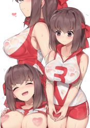 Rule 34 | 1girl, blush, breasts, brown eyes, brown hair, closed mouth, clothes lift, girls und panzer, hair between eyes, hairband, headband, heart, heart pasties, highres, kondou taeko, large breasts, lifted by self, navel, open mouth, pasties, red headband, red shirt, red shorts, see-through, shirt, shirt lift, short hair, short shorts, shorts, simple background, sleeveless, sleeveless shirt, smile, solo, sportswear, sweat, volleyball uniform, white background, yoi naosuke