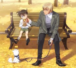 Rule 34 | 2boys, amuro tooru, animal, autumn, autumn leaves, bench, black-framed eyewear, black footwear, blonde hair, blue eyes, blush, brown footwear, brown hair, brown legwear, can, canned coffee, casual, child, closed mouth, coat, commentary request, day, dog, drink can, edogawa conan, falling leaves, food, food on face, full body, glasses, green shorts, grey coat, harness, holding, holding can, holding food, holding leash, k (gear labo), leaf, leash, long sleeves, looking to the side, male focus, meitantei conan, multiple boys, on bench, one eye closed, open clothes, open coat, park bench, shirt, shoes, short hair, shorts, sitting, smile, socks, sweater, white dog, white shirt, white sweater, wiping face