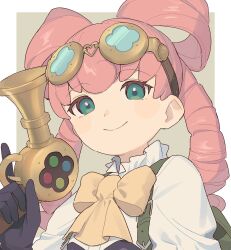 Rule 34 | 1girl, ace attorney, aqua eyes, backpack, bag, black gloves, blush, border, bow, bow-shaped hair, closed mouth, collar, commentary request, drill hair, frilled collar, frills, gloves, goggles, goggles on head, green background, green bag, gun, hair rings, hand up, highres, holding, holding gun, holding weapon, iris wilson, kyaiware, long hair, looking at viewer, pink hair, puffy sleeves, shirt, smile, solo, the great ace attorney, twin drills, twintails, upper body, weapon, white border, white shirt, yellow bow