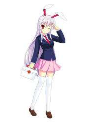 Rule 34 | 1girl, absurdres, animal ears, blazer, blush, breasts, brown footwear, collared shirt, crescent, crescent pin, first aid kit, full body, hand up, head tilt, highres, jacket, long hair, long sleeves, looking at viewer, one eye closed, pink skirt, purple hair, rabbit ears, red eyes, reisen udongein inaba, shirt, shoes, simple background, skirt, smile, solo, thighhighs, touhou, very long hair, white background, white thighhighs, xiansan ren ye, zettai ryouiki