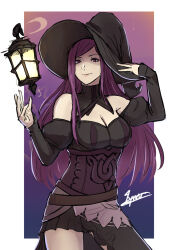Rule 34 | bare shoulders, breasts, cleavage, cm lynarc, fire emblem, fire emblem fates, floating, floating object, hat, highres, lantern, large breasts, long hair, looking at viewer, nintendo, purple hair, witch, witch (fire emblem fates), witch hat