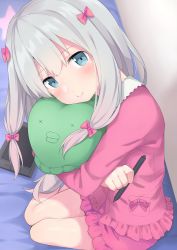 Rule 34 | 10s, 1girl, absurdres, bare legs, blue eyes, blurry, blush, bow, commentary request, cushion, depth of field, drawing tablet, eromanga sensei, full body, go-1, hair between eyes, hair bow, head tilt, highres, indoors, izumi sagiri, long hair, looking at viewer, hugging object, pajamas, pink bow, pout, silver hair, sitting, solo, stylus