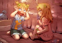 Rule 34 | 1boy, 1girl, barefoot, blonde hair, blue eyes, bow, bow (bhp), brother and sister, embarrassed, evil grin, evil smile, fang, feet, grin, hair bow, hand mirror, holding head, long hair, mirror, original, pajamas, short twintails, shorts, siblings, smile, twins, twintails