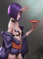 Rule 34 | 1girl, 1s44c, absurdres, bare shoulders, breasts, cup, fate (series), highres, holding, horns, japanese clothes, oni, purple hair, revealing clothes, sakazuki, short hair, shuten douji (fate), skin-covered horns, small breasts, solo