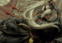 Rule 34 | 1girl, armor, asymmetrical gloves, bell, black eyes, black gloves, black kimono, closed mouth, eyeshadow, fighting stance, fingerless gloves, floral print, from behind, gauntlets, gloves, gold trim, guweiz, hands up, headdress, highres, holding, horns, japanese armor, japanese clothes, jewelry, jingle bell, katana, kimono, kote, long hair, long sleeves, looking at viewer, looking back, makeup, obi, ootachi, original, ponytail, rope, sash, shimenawa, sidelocks, solo, swept bangs, sword, two-handed, weapon, white hair
