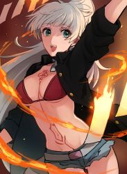 Rule 34 | 1girl, ao no exorcist, bad id, bad pixiv id, bikini, bikini top only, breasts, cleavage, cosplay, cutoffs, fire, kirigakure shura, kirigakure shura (cosplay), lailah (tales), large breasts, long hair, navel, open clothes, open mouth, open shirt, ponytail, shirt, short shorts, shorts, sleeves rolled up, smile, solo, swimsuit, tales of (series), tales of zestiria, thigh gap, yukin (es)