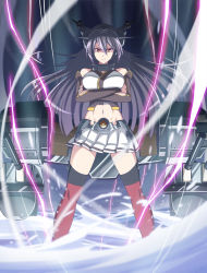 Rule 34 | 10s, 1girl, bare shoulders, black hair, breast hold, breasts, cannon, crossed arms, gunbuster pose, h-new, hair ornament, kantai collection, large breasts, long hair, nagato (kancolle), navel, red eyes, red thighhighs, skirt, smirk, solo, thighhighs