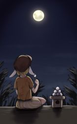 Rule 34 | 1girl, animal ears, blonde hair, brown hat, commentary request, dango, flat cap, food, from behind, full moon, grass, hand up, hat, highres, holding, holding food, moon, night, night sky, one-hour drawing challenge, orange shirt, outdoors, partial commentary, rabbit ears, ringo (touhou), shirt, short hair, short sleeves, shorts, sitting, sky, solo, torinari (dtvisu), touhou, wagashi, yellow shorts