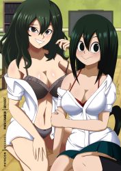 Rule 34 | 2girls, artist name, asui tsuyu, barefoot, black eyes, blush, board, boku no hero academia, bookshelf, bra, breasts, bryaxrt, classroom, cleavage, collarbone, collared shirt, dark green hair, feet, female focus, fingernails, frog girl, gradient hair, green hair, green skirt, grey bra, grey eyes, grey panties, hair between eyes, half-closed eyes, hand on floor, hand on own arm, hand up, happy, height difference, highres, impossible hair, indoors, kneeling, legs, legs together, long hair, looking at viewer, medium breasts, medium hair, midriff, multicolored hair, multiple girls, navel, neck, on floor, open clothes, open shirt, panties, playing with own hair, pleated skirt, red bra, school uniform, shiny skin, shirt, short sleeves, shounen jump, sitting, skirt, smile, socks, soles, table, take your pick, thighs, thighs together, toes, tokage setsuna, underwear, undressing, unworn skirt, wavy hair, wavy mouth, white shirt
