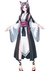 Rule 34 | 1girl, alternate costume, animal ears, black hair, commentary request, flip-flops, full body, geta, highres, imaizumi kagerou, kourindou tengu costume, long hair, looking at viewer, obi, outstretched arms, pelvic curtain, pom pom (clothes), red eyes, ribbon-trimmed sleeves, ribbon trim, sandals, sash, simple background, smile, solo, tenamaru, touhou, white background, wide sleeves, wolf ears