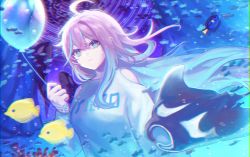 Rule 34 | 1girl, balloon, blonde hair, blue eyes, blue theme, blush, bubble, cowlick, fish, highres, holding, long hair, looking at viewer, open mouth, original, solo, sp0i0ppp, standing, star (symbol), underwater