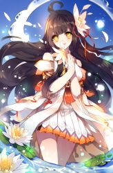 Rule 34 | 1girl, ahoge, apsara (elsword), ara haan, artist request, bad id, bad pixiv id, bare shoulders, black hair, day, elsword, flower, hair flower, hair ornament, hands on own chest, light particles, long hair, outdoors, sash, skirt, sky, smile, sparkle, water, yellow eyes
