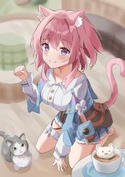 Rule 34 | 1girl, absurdres, animal ear fluff, animal ears, blue eyes, blue skirt, blurry, breasts, cat, cat ears, cat tail, closed mouth, commentary request, cup, depth of field, gradient eyes, grey cat, hand up, highres, honkai: star rail, honkai (series), indoors, k2 (kazu1030), kemonomimi mode, kneeling, large breasts, long sleeves, looking at viewer, march 7th (honkai: star rail), multicolored eyes, paw pose, pink hair, pleated skirt, shirt, short hair, skirt, smile, solo, tail, white shirt