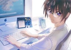 Rule 34 | 1boy, bespectacled, brown hair, calendar (object), can, cellphone, collared shirt, computer, glasses, gundam, gundam seed, hair behind ear, highres, ichika (quaternionxxx), keyboard (computer), kira yamato, looking at viewer, mouse (computer), phone, purple eyes, shirt, sitting, smartphone, smile, solo, vest, white shirt, yellow vest