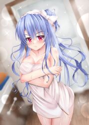 Rule 34 | &gt;:(, 1girl, after bathing, bare arms, bare shoulders, bathroom, blue hair, blurry, blurry background, blush, bow, breasts, cleavage, closed mouth, collarbone, commentary request, commission, covering breasts, covering privates, cowboy shot, crossed arms, curvy, eyelashes, eyes visible through hair, floating hair, frown, hair between eyes, hair bow, hair bun, highres, indoors, jitome, large breasts, lens flare, long hair, looking at viewer, minatoto, naked towel, red eyes, shiny skin, sidelocks, single hair bun, skeb commission, solo, sorakado ao, sparkle, standing, steam, summer pockets, towel, v-shaped eyebrows, very long hair, wet, wet hair, white bow