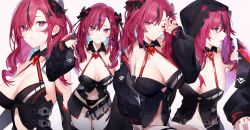 Rule 34 | 1girl, absurdres, bare shoulders, black panties, black shirt, bow, breasts, center opening, cleavage, closed mouth, detached sleeves, hair bow, halterneck, highres, hood, indie virtual youtuber, large breasts, long hair, long sleeves, looking at viewer, multicolored hair, multiple views, navel, neonbeat, one eye closed, open mouth, panties, parted bangs, purple eyes, red hair, revealing clothes, saiiren, shirt, showgirl skirt, simple background, sleeveless, sleeveless shirt, smile, spaghetti strap, stomach, streaked hair, underwear, virtual youtuber, white background, wing collar