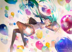 Rule 34 | 1girl, :d, aqua hair, balloon, black footwear, black skirt, black thighhighs, blurry, boots, breasts, confetti, dated, depth of field, detached sleeves, falling, hatsune miku, headset, highres, long hair, open mouth, outstretched arms, pleated skirt, shirt, skirt, sleeveless, sleeveless shirt, small breasts, smile, solo, thigh boots, thighhighs, twintails, twitter username, vocaloid, weed (astarone)