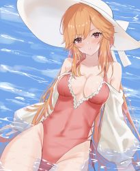 Rule 34 | 1girl, absurdres, azur lane, blonde hair, breasts, casual one-piece swimsuit, cleavage, collarbone, frilled swimsuit, frills, hat, highleg, highleg swimsuit, highres, kuwahara taiki, long hair, looking at viewer, medium breasts, one-piece swimsuit, parted lips, pink one-piece swimsuit, red eyes, richelieu (azur lane), richelieu (fleuron of the waves) (azur lane), shallow water, side-tie swimsuit, solo, sun hat, swimsuit, water, white hat