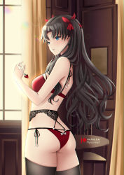 Rule 34 | 1girl, absurdres, aqua eyes, artist name, ass, black garter belt, black hair, black thighhighs, bra, breasts, chair, commentary, curtains, day, english commentary, fate/stay night, fate (series), from side, garter belt, gem, hair ribbon, hand up, highres, holding, holding gem, holding jewelry, holding necklace, jewelry, lens flare, lingerie, long hair, looking ahead, necklace, paid reward available, panties, parted lips, pendant, red bra, red panties, red ribbon, ribbon, ryuuneart, side-tie panties, sidelocks, solo, sunlight, table, thighhighs, tohsaka rin, two side up, underwear, underwear only, wavy hair, window