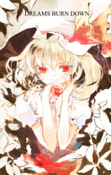 Rule 34 | 1girl, english text, female focus, flandre scarlet, flower, hat, hat ribbon, looking at viewer, mo, mob cap, puffy short sleeves, puffy sleeves, red eyes, red ribbon, ribbon, short sleeves, shunsei (muratou), smile, solo, touhou, upper body, vampire