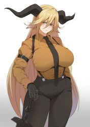 Rule 34 | 1girl, animal ears, arknights, arm strap, black gloves, black pants, blonde hair, blush, breasts, brown shirt, collared shirt, cowboy shot, degenbrecher (arknights), female focus, gloves, goat ears, goat girl, goat horns, highres, horns, large breasts, long hair, looking at viewer, pants, shirt, shirt tucked in, simple background, solo, suspenders, sword, thighs, v-shaped eyebrows, very long hair, weapon, white background, xperiajoker, yellow eyes