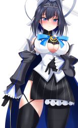 Rule 34 | 1girl, absurdres, bare shoulders, black gloves, black thighhighs, blue eyes, blue hair, blush, breasts, cape, center opening, chain, cleavage, closed mouth, commentary request, cowboy shot, detached sleeves, gloves, hair between eyes, hair intakes, hair ornament, highres, hololive, hololive english, legs apart, long sleeves, medium breasts, medium hair, ouro kronii, puffy long sleeves, puffy sleeves, reiei 8, shirt, simple background, single thighhigh, solo, split mouth, striped clothes, striped shirt, striped thighhighs, thighhighs, underboob, v, vertical-striped clothes, vertical-striped shirt, vertical-striped thighhighs, virtual youtuber, wavy mouth, white background, ||/