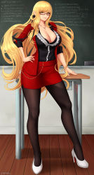 Rule 34 | 1girl, artist name, black pantyhose, black ribbon, black shirt, board eraser, breasts, center frills, chalkboard, classroom, cleavage, closed mouth, commentary, desk, english commentary, facing viewer, female focus, formal, frills, full body, glasses, hair ribbon, hand on own hip, high heels, highres, indoors, jacket, jewelry, kiss-shot acerola-orion heart-under-blade, large breasts, long hair, looking at viewer, matching hair/eyes, medium breasts, miniskirt, monogatari (series), necklace, open clothes, open jacket, oshino shinobu, pantyhose, pencil skirt, pointy ears, red jacket, red skirt, ribbon, semi-rimless eyewear, shirt, skirt, skirt suit, sleeves rolled up, smile, solo, standing, suit, teacher, thighs, very long hair, white footwear, wooden floor, yellow eyes, zaphn