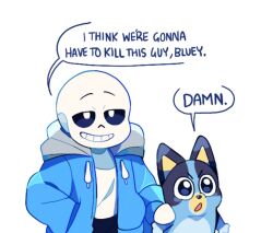 Rule 34 | 1boy, 1girl, blue jacket, bluey, bluey heeler, bright pupils, commentary, crossover, english commentary, english text, furry, furry female, hood, hooded jacket, i think we&#039;re gonna have to kill this guy steven (meme), jacket, meme, open mouth, sans (undertale), simple background, skeleton, sleepy cheeky, smile, speech bubble, standing, undertale, white background, white pupils