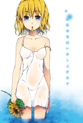 Rule 34 | 00s, 1girl, air (visual novel), blonde hair, blue eyes, dress, flower, kamio misuzu, mouth hold, see-through, short hair, solo, spoilers, strap slip, sundress, sunflower, touon, wading, water, wet, wet clothes