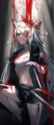 Rule 34 | 1girl, absurdres, animal ears, arknights, bandeau, black jacket, black nails, black shorts, blood, commentary request, grey eyes, heterochromia, highres, jacket, lappland (arknights), long hair, looking at viewer, lucy (rusi-juren328), material growth, midriff, nail polish, navel, open clothes, open jacket, oripathy lesion (arknights), red eyes, short shorts, shorts, smile, solo, stomach, strapless, thighs, tube top, very long hair, white hair, wolf ears