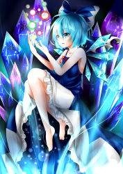 Rule 34 | 1girl, adapted costume, bare arms, bare shoulders, barefoot, blue eyes, blue hair, bow, cirno, collarbone, dress, facing away, gradient background, hair bow, hand up, highres, ice crystal, knees up, light particles, matching hair/eyes, open hands, parted lips, short hair, solo, terayun (teratomoinu), touhou
