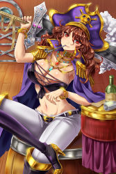 Rule 34 | 1girl, barrel, boots, bottle, bracelet, breasts, brown hair, choker, cleavage, crossed legs, frills, hat, huge weapon, jewelry, kiseru, knee boots, large breasts, long hair, lots of jewelry, mouth hold, necklace, original, pants, pipe in mouth, pirate hat, red eyes, ring, shinki kakusei melty maiden, shiny skin, sitting, smoking pipe, solo, sword, tamashiro, weapon