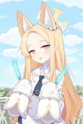 Rule 34 | 1girl, absurdres, animal ear fluff, animal ears, bare shoulders, blonde hair, blue archive, blush, day, detached sleeves, dress, extra ears, flat chest, food, fox ears, halo, highres, holding, holding food, long hair, looking at viewer, open mouth, outdoors, popsicle, seia (blue archive), sleeves past fingers, sleeves past wrists, smile, solo, trigonometric function, upper body, white dress, white sleeves, yellow eyes, yellow halo