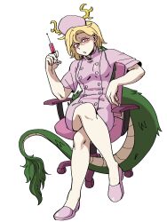 Rule 34 | 1girl, absurdres, alternate costume, blonde hair, commentary, commission, dragon girl, dragon horns, dragon tail, dress, eddybird55555, full body, highres, holding, holding syringe, horns, kicchou yachie, looking at viewer, nurse, open mouth, pantyhose, pink dress, pink footwear, pink headwear, red eyes, short hair, short sleeves, simple background, solo, syringe, tail, touhou, turtle shell, white background
