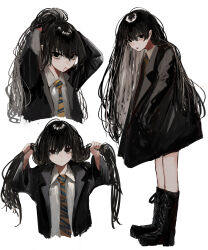 Rule 34 | 1girl, absurdres, bags under eyes, black eyes, black footwear, black hair, boots, collared shirt, cropped torso, female focus, full body, hands in pockets, highres, long hair, looking at viewer, mouth hold, necktie, original, pikuson, school uniform, shirt, simple background, solo, standing, striped necktie, white background